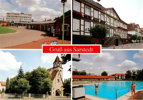 AK / Ansichtskarte 73876625 Sarstedt Strasse Rathaus Kirche Schwimmbad Sarstedt