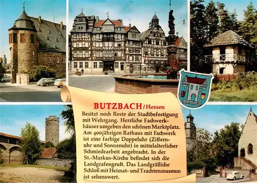 AK / Ansichtskarte 73876647 Butzbach Schloss Stadtbefestigungsreste Brunnen Rathaus St Markus Kirche Turm Butzbach