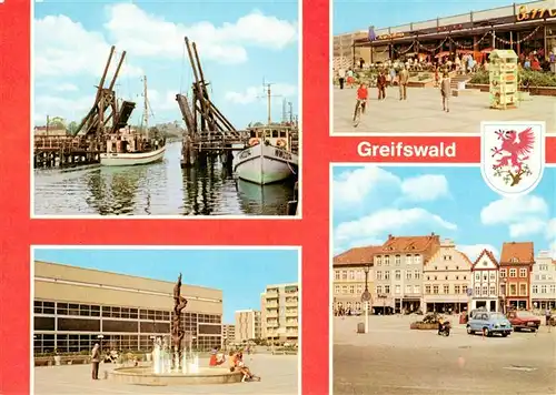 AK / Ansichtskarte  Greifswald Wiecker Bruecke Kaufhalle 8. Mai Plastik vor der neuen Sporthalle Platz der Freundschaft Greifswald