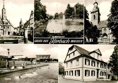 AK / Ansichtskarte  Korbach Stechbahn Im Stadtgarten Kilianskirche Freibad Jugendherberge Korbach