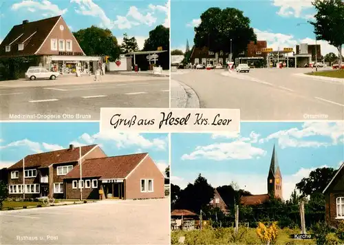 AK / Ansichtskarte 73876783 Hesel_Leer_Ostfriesland Medizinal Drogerie Otto Bruns Ortsmitte Rathaus Post Kirche 