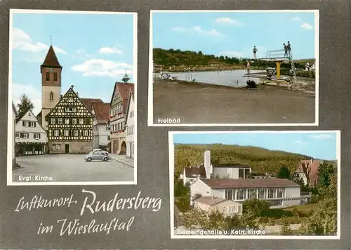 AK / Ansichtskarte 73877004 Rudersberg_Wuerttemberg Ev Kirche Freibad Gemeindehalle und Kath Kirche Rudersberg Wuerttemberg