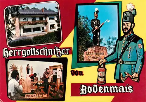 AK / Ansichtskarte 73877327 Bodenmais Herrgottschnitzer Holzschnitzerei mit Bergmannsdenkmal am Dreifaltigkeitsplatz Bodenmais