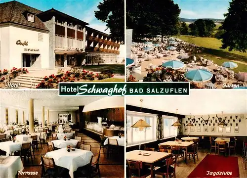 AK / Ansichtskarte 73877507 Bad_Salzuflen Hotel Schwaghof Garten Terrasse Jagdstube Bad_Salzuflen