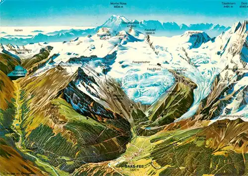 AK / Ansichtskarte  Saas-Fee_VS Panoramakarte mit Saas Tal und Saas Almagell  