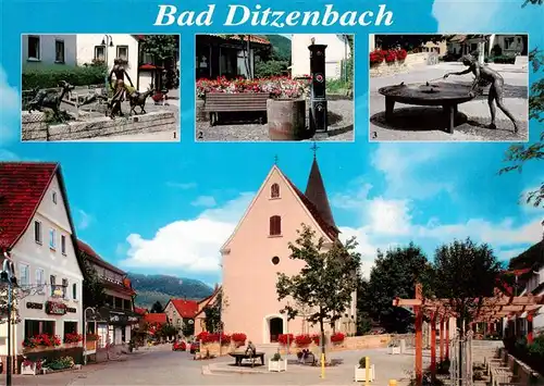AK / Ansichtskarte 73877785 Bad_Ditzenbach Goissabrunnen Brunnen am Haus des Gastes Schneckenbrunnen Kirche Dorfplatz Bad_Ditzenbach