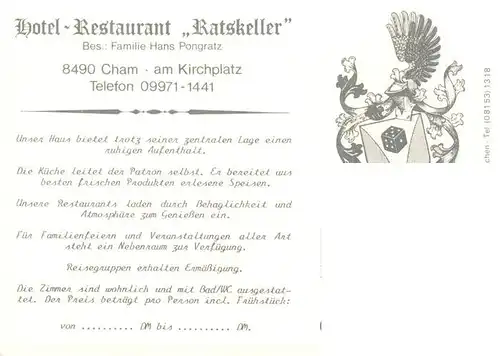 AK / Ansichtskarte 73877901 Cham__Oberpfalz Hotel Restaurant Ratskeller Gastraeume 
