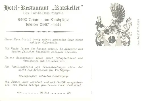 AK / Ansichtskarte  Cham__Oberpfalz Hotel Restaurant Ratskeller Gastraeume 