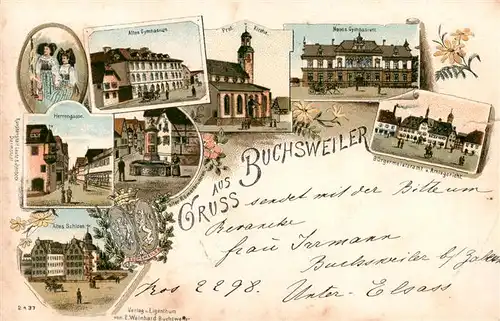 AK / Ansichtskarte  Buchsweiler_Bouxwiller_68_Haut-Rhin Gymnasium Kirche Buergermeisteramt Amtsgericht Herrengasse Roemerbrunnen Schloss Litho 