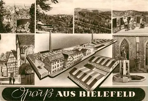 AK / Ansichtskarte 73878005 Bielefeld Teilansichten Panorama Aussichtspunkt Fernsicht Brunnen Altstadt Stricker Fahrradfabrik Illustration Bielefeld