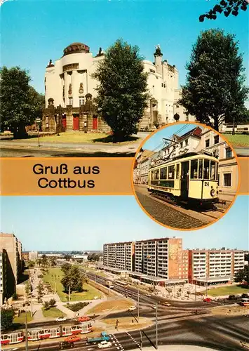 AK / Ansichtskarte 73878346 Cottbus Theater Historische Strassenbahn Stadtring Cottbus
