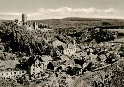 AK / Ansichtskarte  Stromberg_Hunsrueck mit Fustenburg kath Krankenhaus und ev Kirche Stromberg Hunsrueck