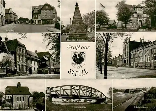 AK / Ansichtskarte  Seelze Kreuzweg Volksschule Kirche Obentraut-Denkmal Kanalbruecke Rathaus Riedel de Haen AG Mittellandkanal Seelze