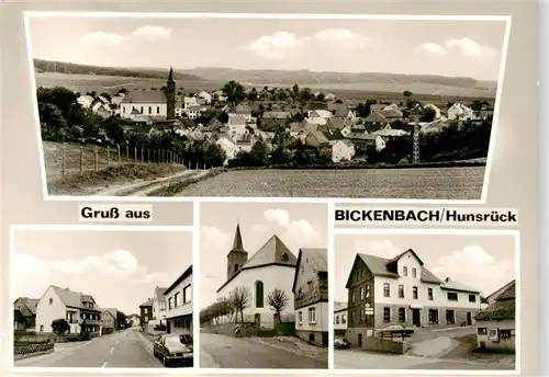 AK / Ansichtskarte 73878616 Bickenbach_Hunsrueck Panorama Dorfstrasse Kirche Gasthaus Gemischtwaren Bickenbach Hunsrueck