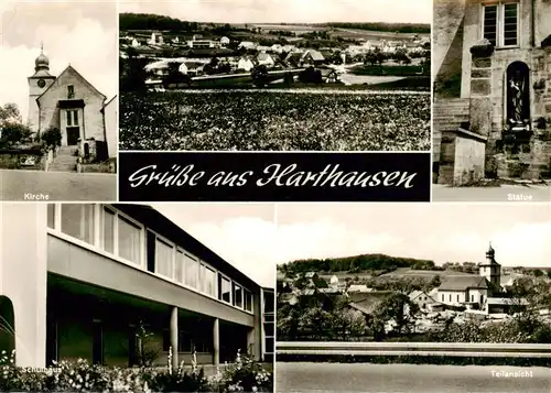 AK / Ansichtskarte 73878629 Harthausen_Bad_Mergentheim Panorama Kirche Statue Schule Teilansicht Harthausen_Bad