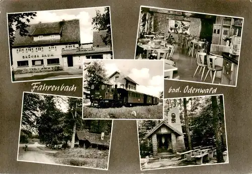 AK / Ansichtskarte  Fahrenbach_Odenwald Gasthaus Pension zum gruenen Baum Gaststube Dampflokomotive Waldhuette Fahrenbach Odenwald