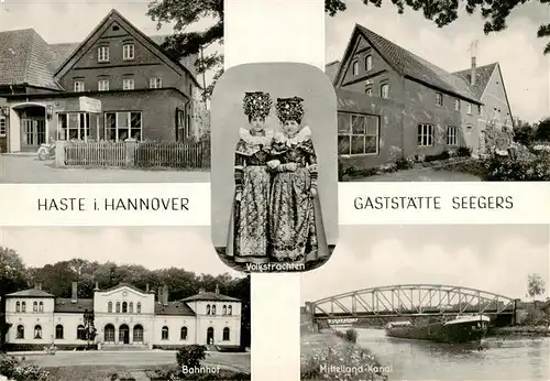 AK / Ansichtskarte 73878689 Haste_Hannover_Wunstorf Gaststaette Seegers Volkstrachten Bahnhof Mittelland-Kanal 