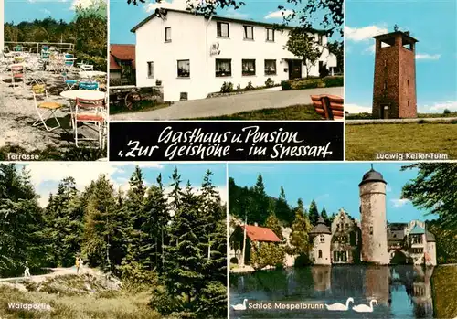 AK / Ansichtskarte 73878722 Oberwintersbach_Dammbach_Aschaffenburg Gasthaus Pension zur Geishoehe Terrasse Ludwig-Keller-Turm Waldpartie Schloss Mespelbrunn 
