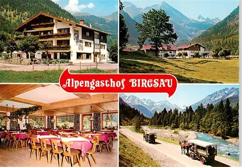 AK / Ansichtskarte  Birgsau_Oberstdorf Alpengasthof Birgsau Gastraum Pferdewagen Panorama 