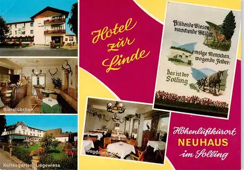 AK / Ansichtskarte 73878859 Neuhaus_Solling Hotel zur Linde Bierstuebchen Kaffeegarten Liegewiese Jagdzimer  Neuhaus Solling