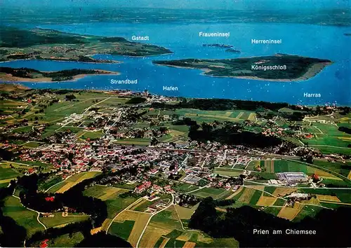 AK / Ansichtskarte  Prien_Chiemsee Fliegeraufnahme mit Fraueninsel und Herreninsel Prien Chiemsee