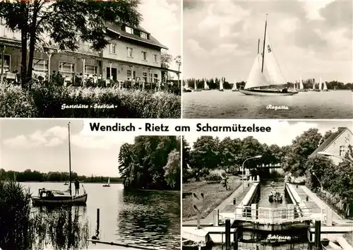 AK / Ansichtskarte 73879378 Wendisch_Rietz Gaststaette Seeblick Regatta Scharmuetzelsee Schleuse Wendisch Rietz