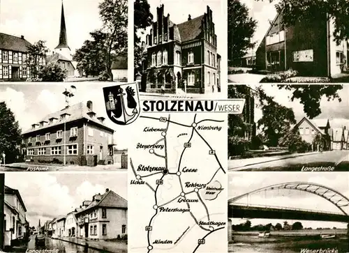 AK / Ansichtskarte  Stolzenau_Weser Kirche Postamt Langestrasse Rathaus Volksschule Weserbruecke Stolzenau Weser