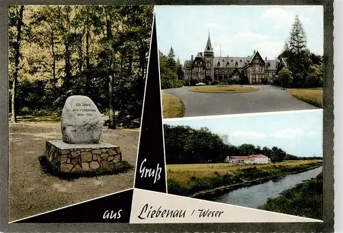 AK / Ansichtskarte 73879444 Liebenau_Nienburg Gedenkstein Schloss Partie am Wasser Liebenau Nienburg