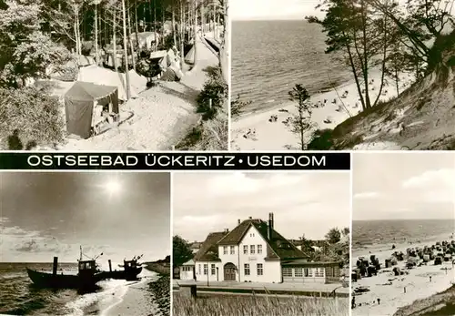 AK / Ansichtskarte 73879488 ueckeritz_Ueckeritz_Usedom Campingplatz Steilkueste Strand Fischerboot Gaststaette 