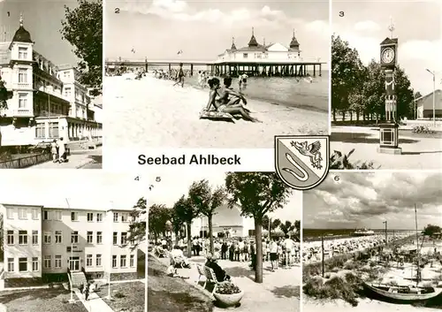 AK / Ansichtskarte 73879489 Ahlbeck_Ostseebad FDGB Erholungsheime Seebruecke Stranduhr Konzertpavillon Ahlbeck_Ostseebad