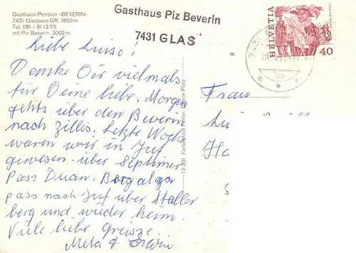 AK / Ansichtskarte  Glaspass_Tschappina Piz Beverin Berggasthof Pension Beverin Glaspass_Tschappina