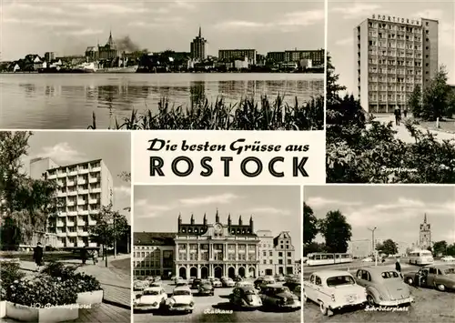 AK / Ansichtskarte  Rostock Uferpartie am Wasser Sportforum Ho-Bahnhofshotel Rathaus Schroederplatz 