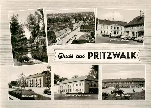 AK / Ansichtskarte 73879799 Pritzwalk Volkspark Panorama Platz der Einheit Bahnhofstrasse Kulturhaus Erich Weinert Bahnhof Pritzwalk