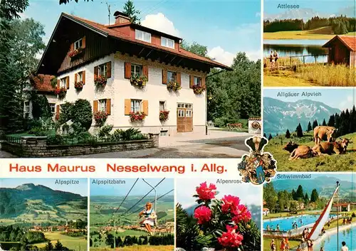 AK / Ansichtskarte 73879863 Nesselwang_Allgaeu_Bayern haus Maurus Alpspitze Alpspitzbahn Alpenrosen Attlesee Allgaeuer Alpvieh Schwimmbad 