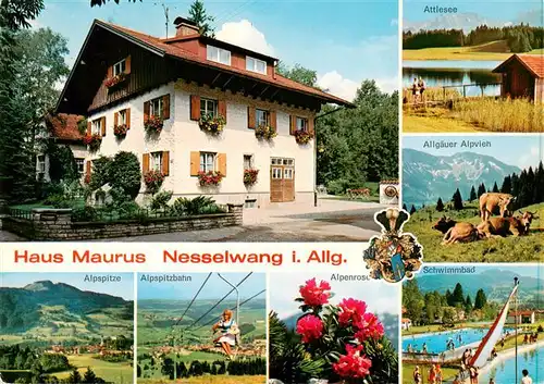 AK / Ansichtskarte  Nesselwang_Allgaeu_Bayern haus Maurus Alpspitze Alpspitzbahn Alpenrosen Attlesee Allgaeuer Alpvieh Schwimmbad 