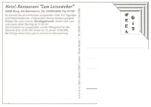 AK / Ansichtskarte 73880545 Burg_Spreewald Hotel Restaurant Zum Leineweber Burg Spreewald