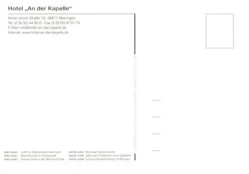 AK / Ansichtskarte  Meiningen_Thueringen Hotel an der Kapelle Staatstheater Bogenbruecke Kleines Palais Dampflokwerk Maeninger Huetesholle Stadtfest Schloss Elisabethenburg mit Museen Meiningen Thueringen