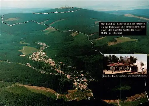 AK / Ansichtskarte 73880608 Schierke_Harz Fliegeraufnahme mit Blick auf Brockenbahn und Brocken Schierker Brockenbahnhof mit Bahnhofsbaude Schierke Harz