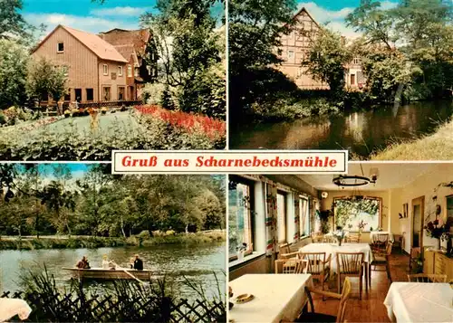 AK / Ansichtskarte  Hermannsburg Pension Scharnebecksmuehle Gastraum Partie am Wasser Bootfahren Hermannsburg