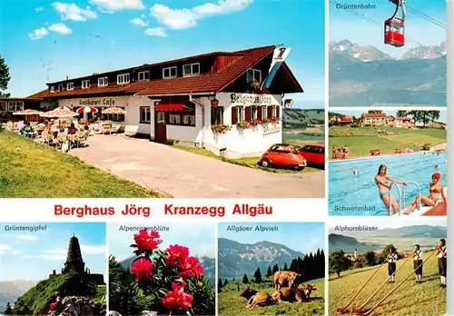 AK / Ansichtskarte  Kranzegg Berghaus Joerg Gruentenbahn Schwimmbad Gruentengipfel Allgaeuer Alpvieh Alphornblaeser Kranzegg