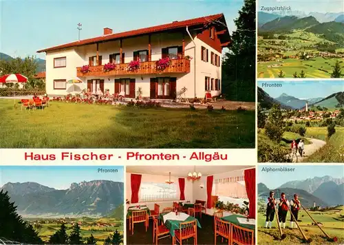 AK / Ansichtskarte 73881277 Kreuzegg_Pfronten_Bayern Haus Fischer Zugspitze Panorama Alphornblaeser Pfronten Gaststube 