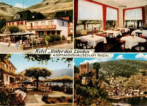 AK / Ansichtskarte  Assmannshausen_Rhein Hotel Unter den Linden Gastraum Terrasse Burg Rheinstetten Assmannshausen Rhein