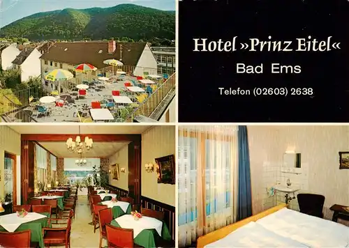 AK / Ansichtskarte 73881353 Bad_Ems_Lahn Hotel Prinz Eitel Terrasse Gastraum Zimmer Bad_Ems_Lahn