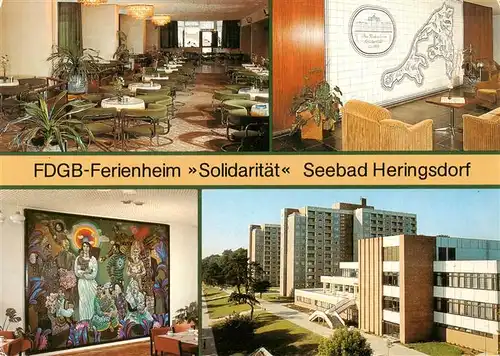 AK / Ansichtskarte  Heringsdorf__Ostseebad_Usedom FDGB Ferienheim Solidaritaet Cafe Sanddorn Foyer mit Kachelwand Wandgemaelde Aussenansicht 