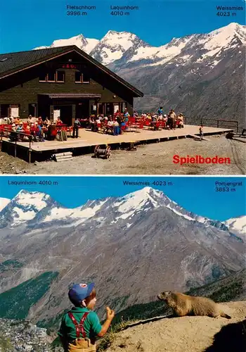 AK / Ansichtskarte  Spielbodenalp_Spielbodenhuette_2450m_Saas-Fee_VS Bergrestaurant Sonnenterrasse Murmeltierfuetterung 