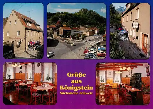 AK / Ansichtskarte 73881466 Koenigstein_Saechsische_Schweiz Schraegers Gasthaus Gastraeume Terrasse Ortspartie Koenigstein_Saechsische