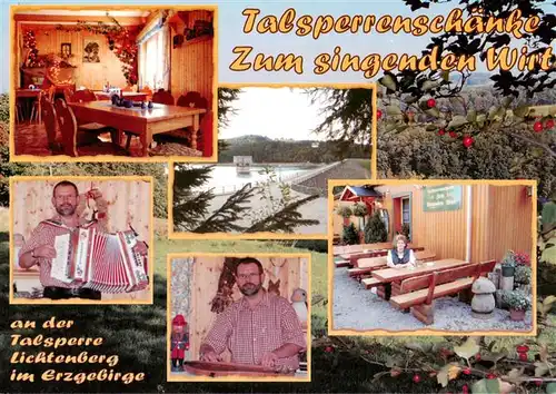 AK / Ansichtskarte 73881482 Lichtenberg_Erzgebirge Talsperrenschaenke Zum singenden Wirt Gaststube Terrasse 