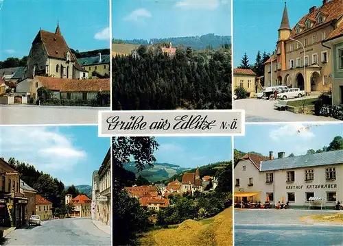 AK / Ansichtskarte 73881629 Edlitz Kirche Panorama Strassenpartien Gasthof Katzgraeber Edlitz