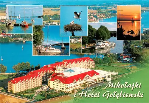 AK / Ansichtskarte 73881636 Mikolajki_PL Hotel Golebiewski Fliegeraufnahme Hafenpartien Storchennest Panorama 