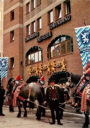 AK / Ansichtskarte  Muenchen Drei Rosen Loewenbraeu Traditions Gaststaette Bauereipferde Muenchen